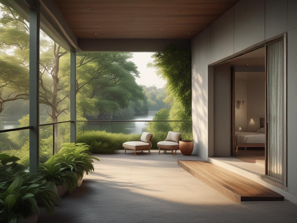 serene accommodation, river views, lush greenery, tranquil stay